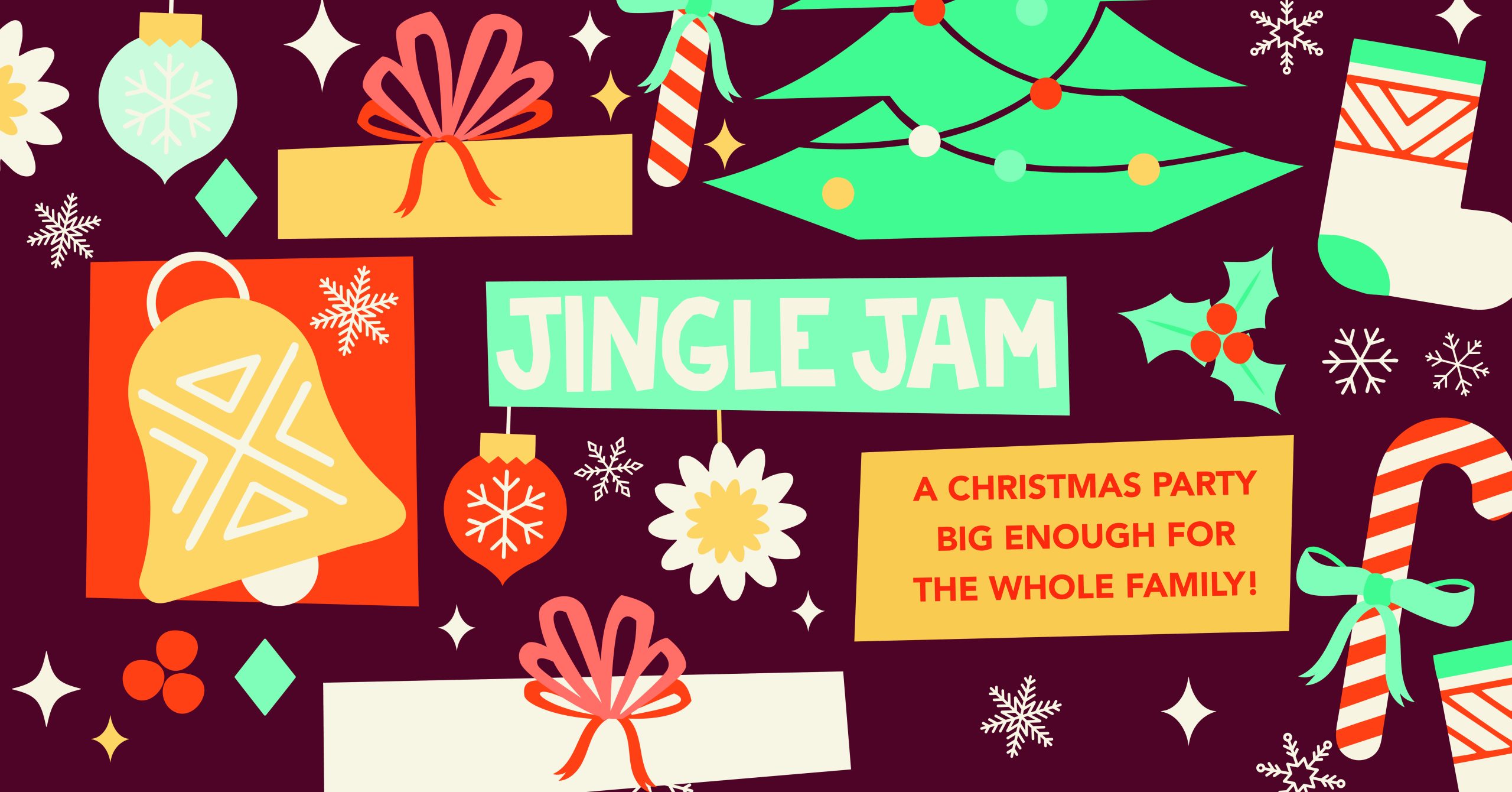 Jingle jam graphic, presents and Christmas decor