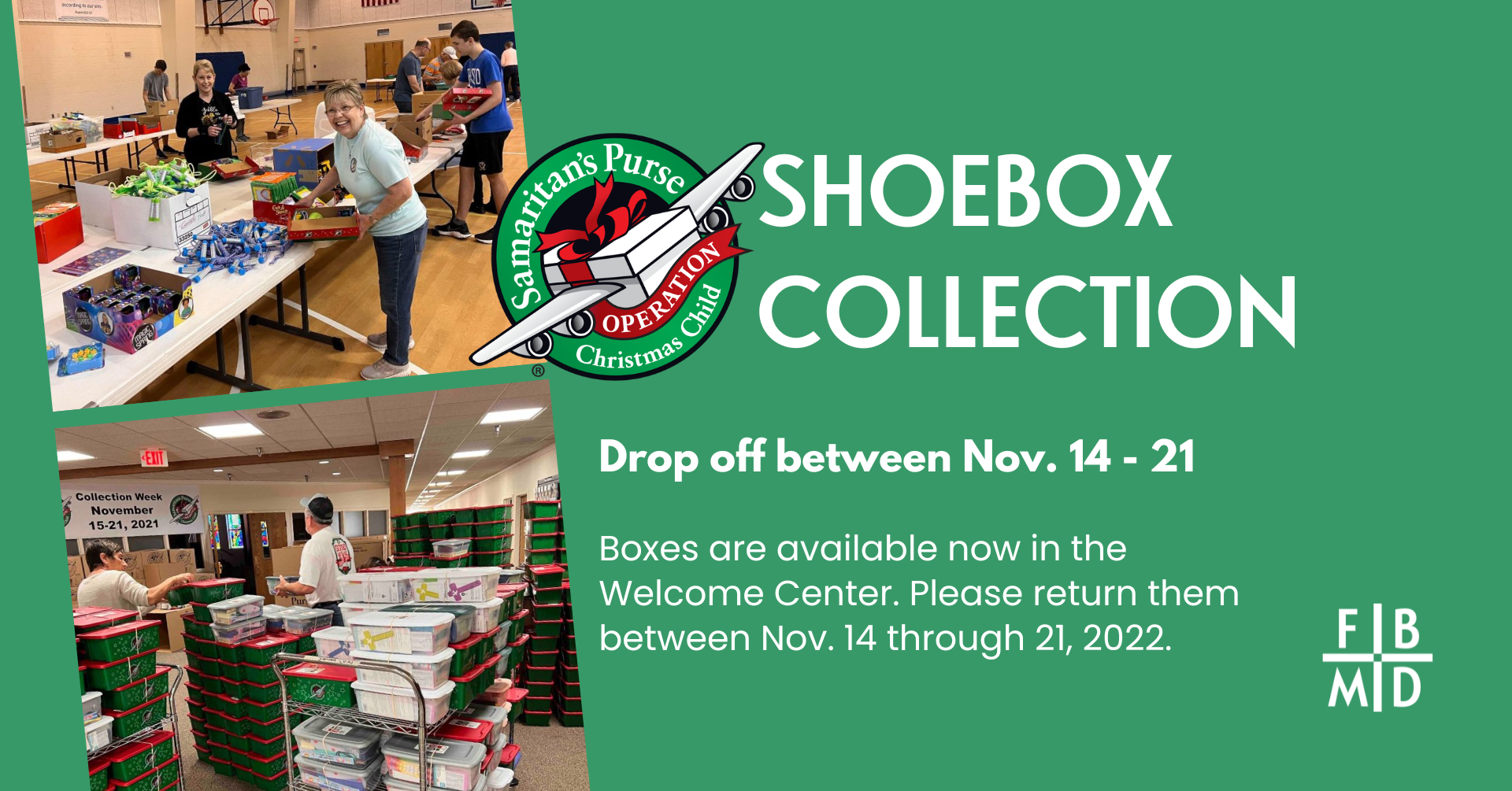graphic image containing two pictures of volunteers stuffing shoeboxes with gifts, a logo for Operation Christmas Child (a shoebox that's an airplane, within a circle) and event information