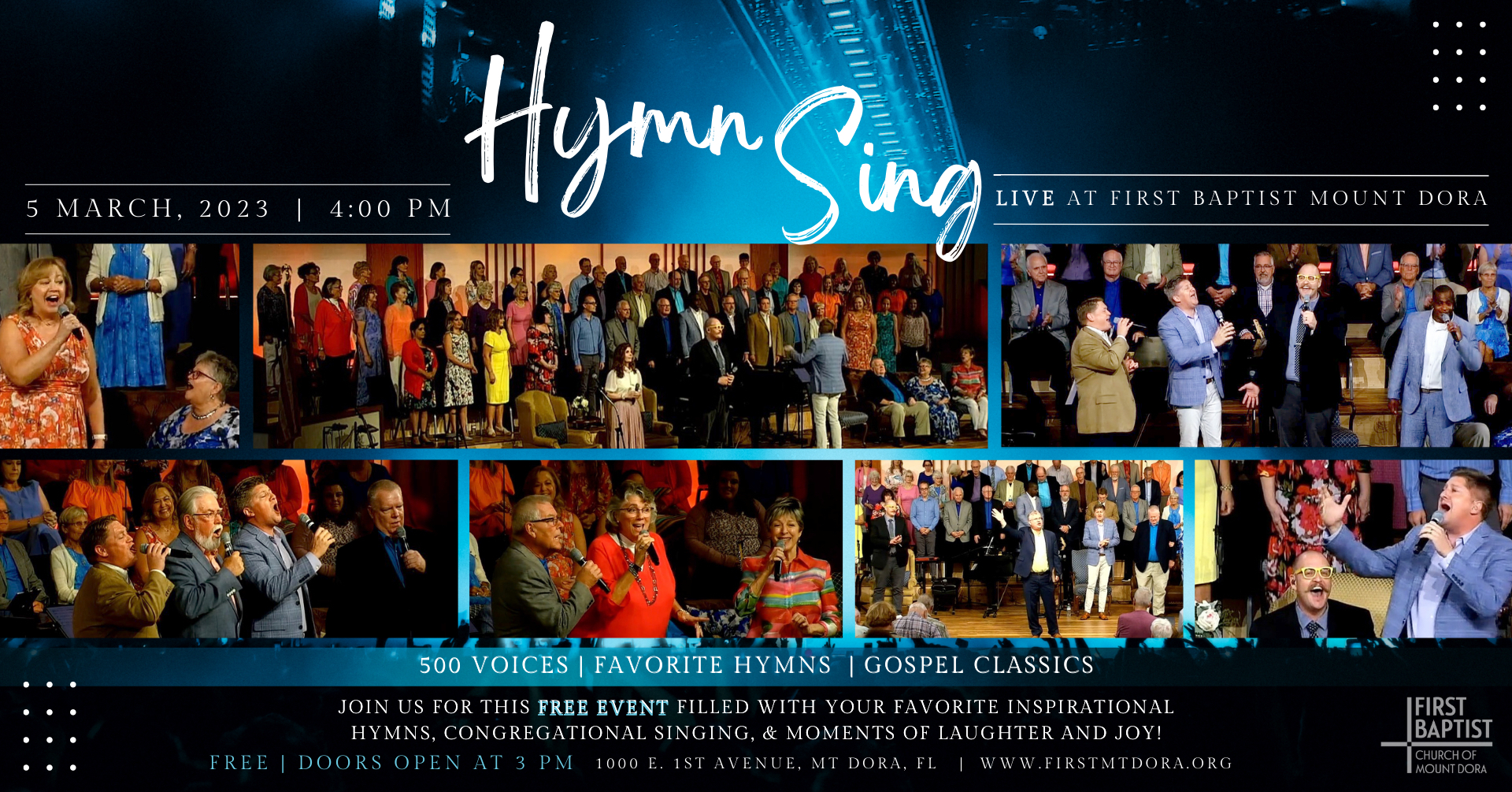 graphic invitation to Hymn Sing, featuring several images of choir performers