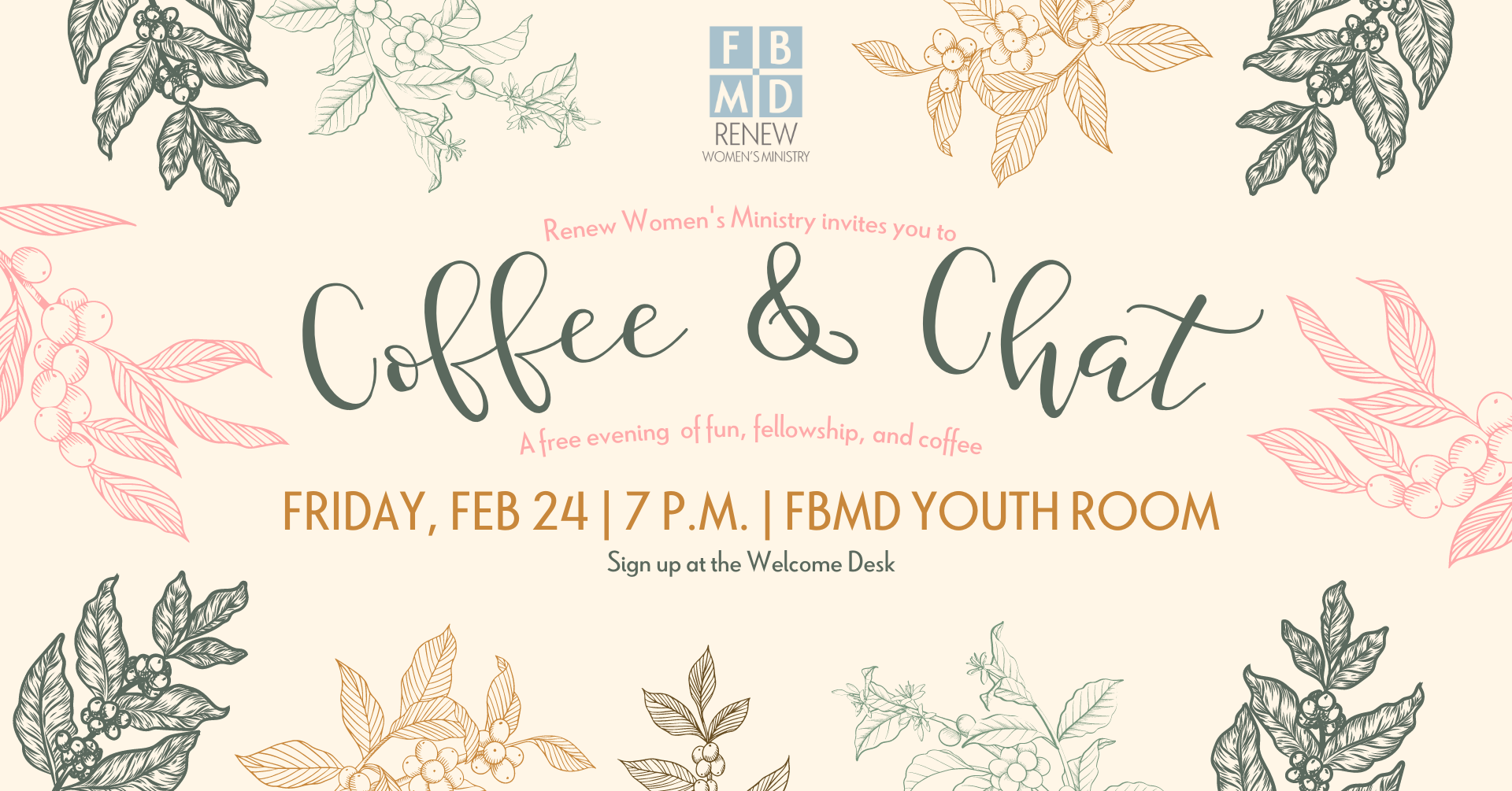 graphic invitation to Coffe & Chat event, with green, pink, yellow and blue illustrated coffee plants