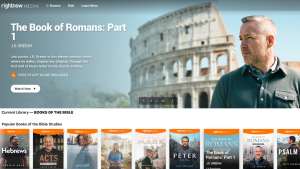 image of screen capture from rightnowmedia.org; image of colosseum in background with images of books available in foreground