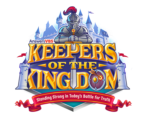 keepers of the kingdom VBS logo, a knight in armor above words Keepers of the Kingdom, with a castle behind