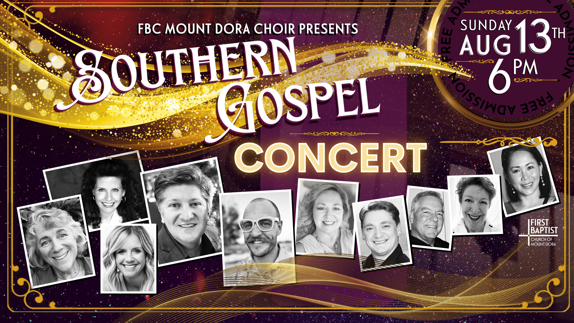 graphic that says Southern Gospel Concert August 13, 6 p.m. Image includes headshots of the singers.