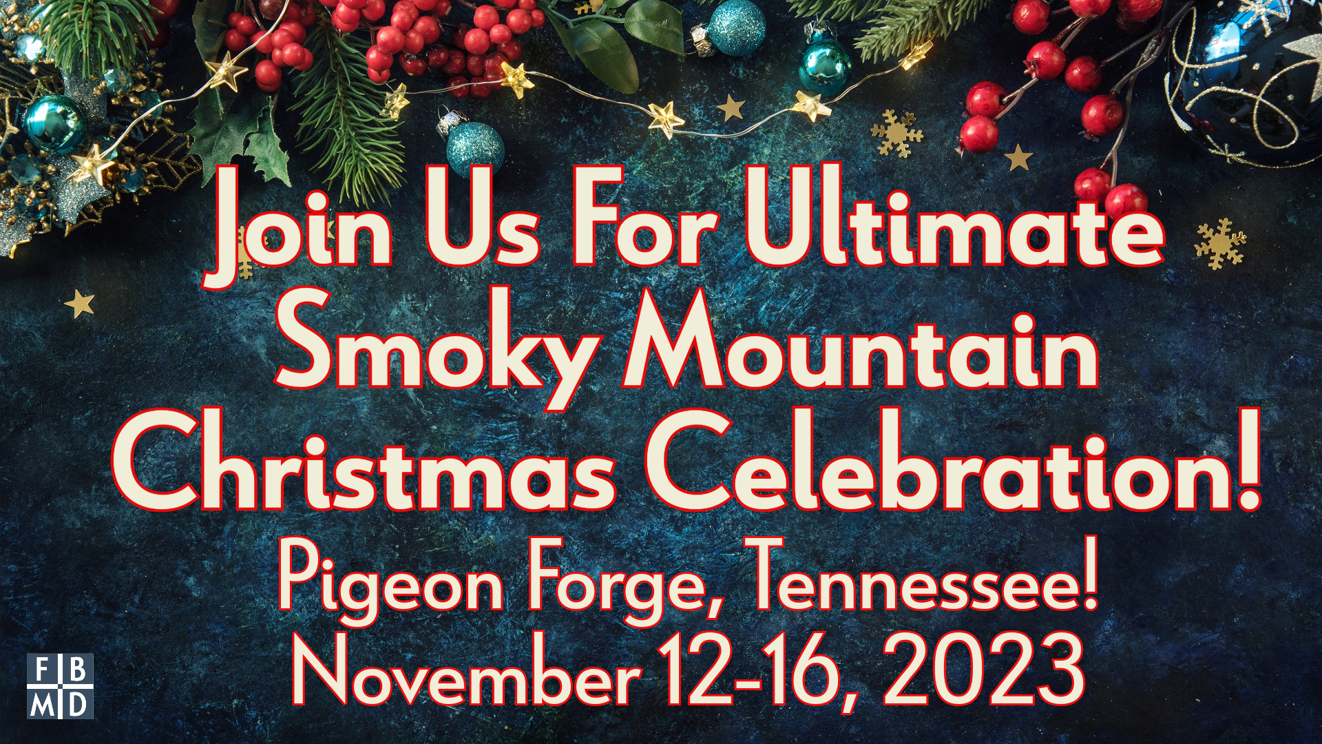 invitation to Smoky Mountain Christmas, background image of Christmas garland with teal bulbs and gold stars.