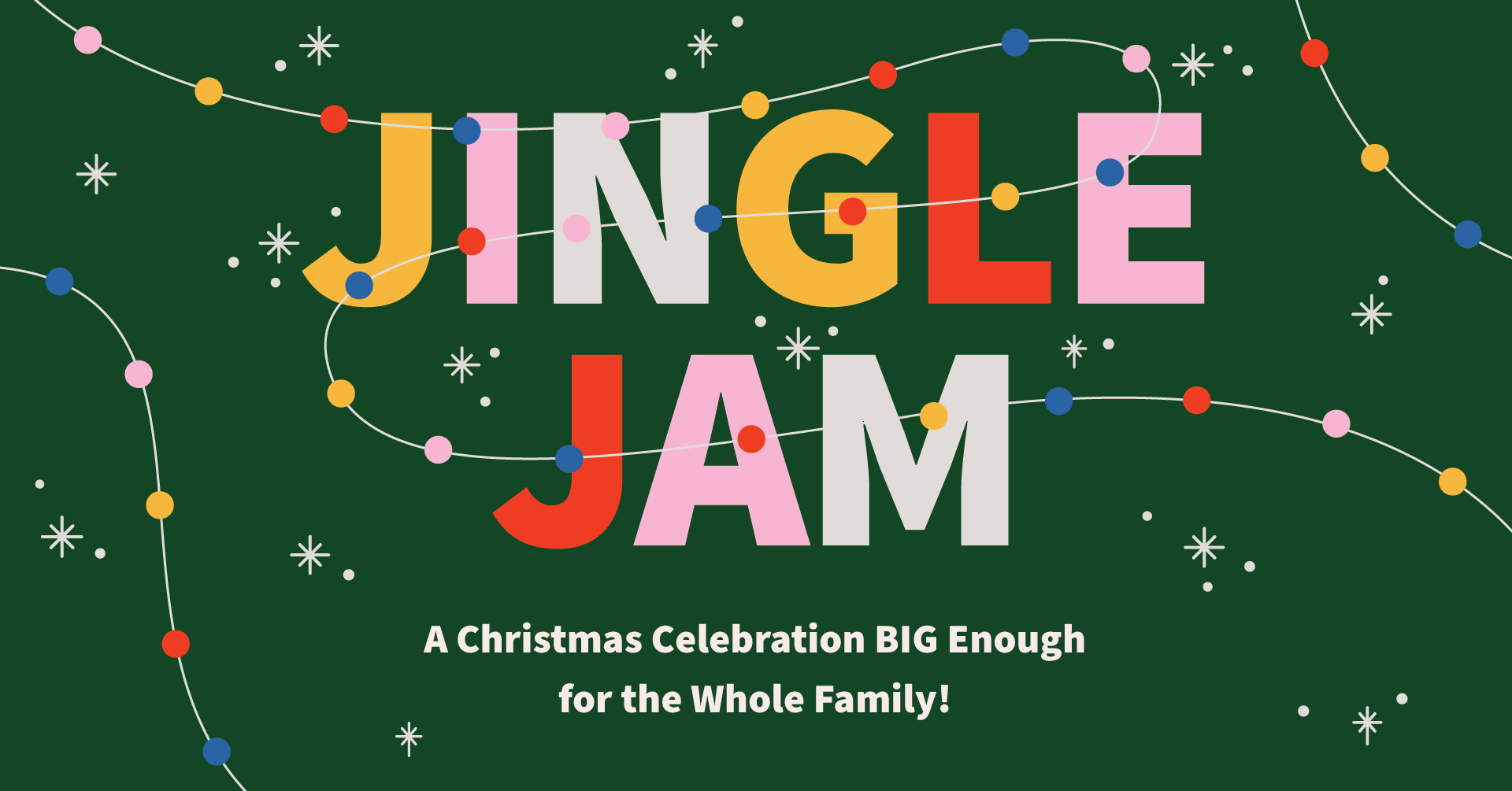 graphic: green invitation with colored lights and colored words "jingle jam." colors are pink, yellow, red and white.